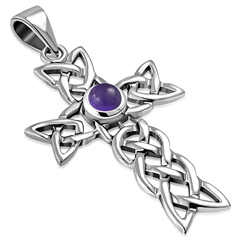 Women's Simulated Gemstone Cross Celtic Knot 925 Sterling Silver Pendant Necklace