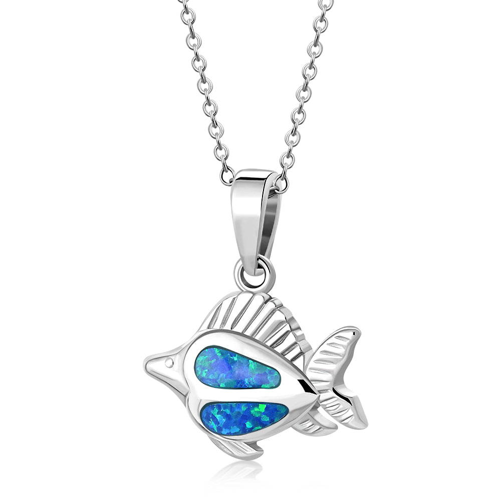My Daily Styles - Fish Necklace for Women – Synthetic Opal Necklace – 925 Sterling Silver Pendant Necklace – Silver Pendant Encrusted with Blue and Green Simulated Opal Stone – 0.54″ x0.75″