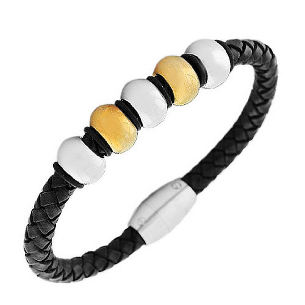 My Daily Styles Stainless Steel and Black Leather Men's Bracelet 8.5"