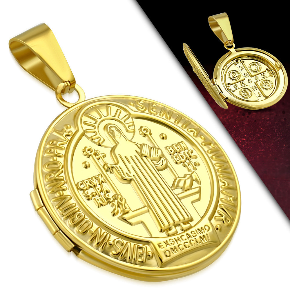 Stainless Steel St. Benedict Medal Cross Christian Locket Pendant Necklace
