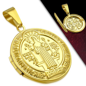 Stainless Steel St. Benedict Medal Cross Christian Locket Pendant Necklace