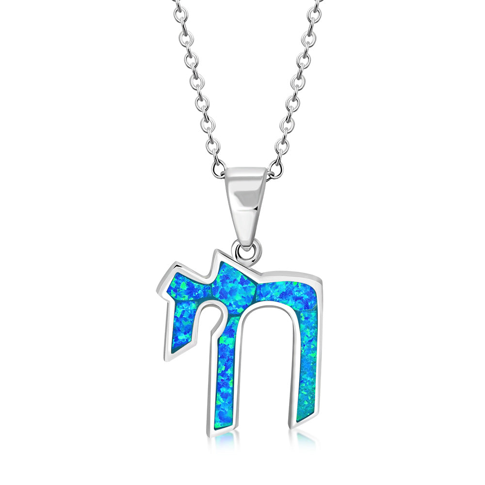925 Sterling Silver Women’s Simulated Blue Opal Hebrew Chai (Life) Pendant Necklace with 16”-18" Adjustable Silver Cable Chain