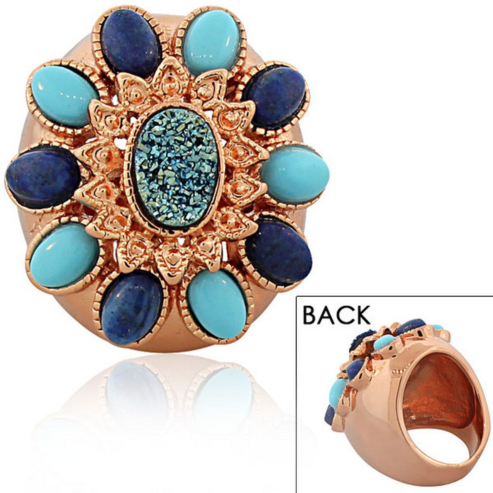 18K Rose Gold Plated Bronze Blue Turquoise Gemstones Drusy Quartz Large Fashion Cocktail Ring