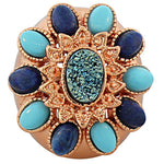 Blue Turquoise Gemstones Drusy Quartz Large Fashion Cocktail Ring