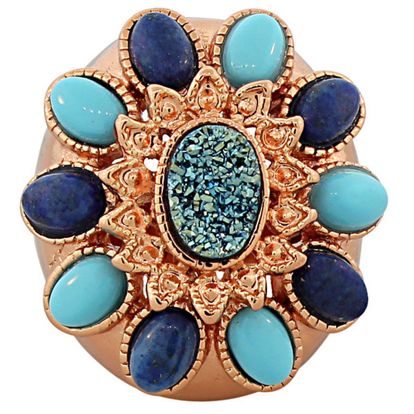 18K Rose Gold Plated Bronze Blue Turquoise Gemstones Drossy Quartz Large Fashion Cocktail Ring