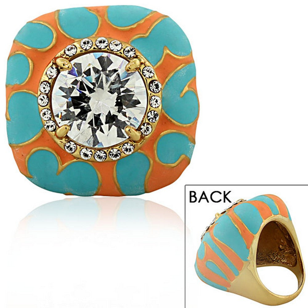 Fashion Alloy Yellow Gold-Tone Blue Orange Enamel CZ Large Cocktail Statement Ring