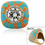 Fashion Alloy Yellow Gold-Tone Blue Orange Enamel CZ Large Cocktail Statement Ring