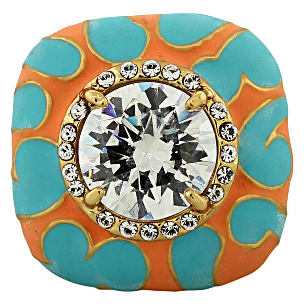 Fashion Alloy Yellow Gold-Tone Blue Orange Enamel CZ Large Cocktail Statement Ring