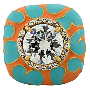 Fashion Alloy Yellow Gold-Tone Blue Orange Enamel CZ Large Cocktail Statement Ring