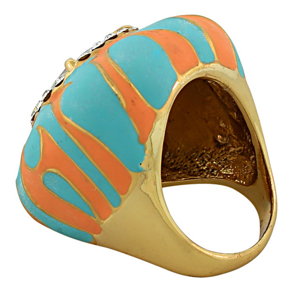 Fashion Alloy Yellow Gold-Tone Blue Orange Enamel CZ Large Cocktail Statement Ring