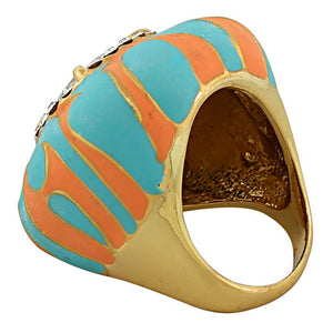 Fashion Alloy Yellow Gold-Tone Blue Orange Enamel CZ Large Cocktail Statement Ring