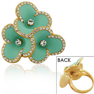 Fashion Alloy Yellow Gold-Tone Turquoise-Tone Enamel CZ Cocktail Flower Ring 