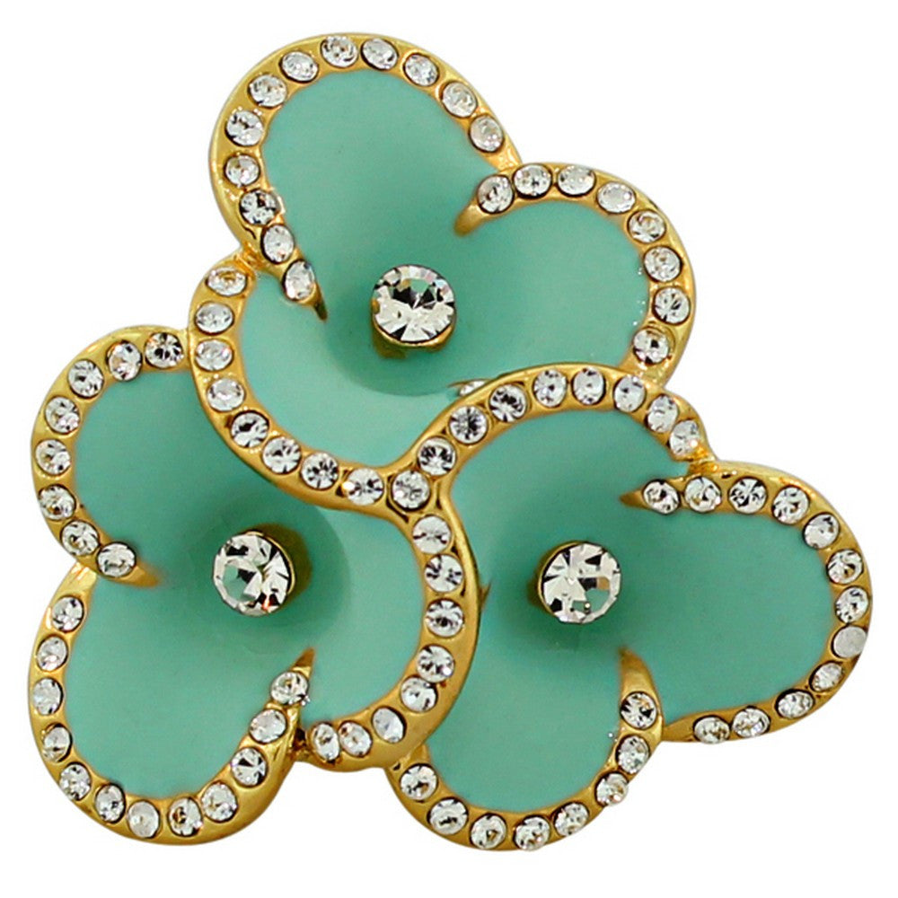 Fashion Alloy Yellow Gold-Tone Turquoise-Tone Enamel CZ Cocktail Flower Ring