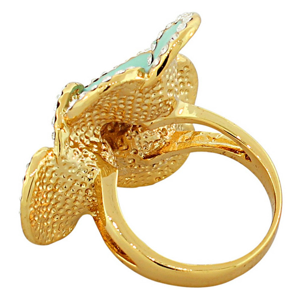 Fashion Alloy Yellow Gold-Tone Turquoise-Tone Enamel CZ Cocktail Flower Ring