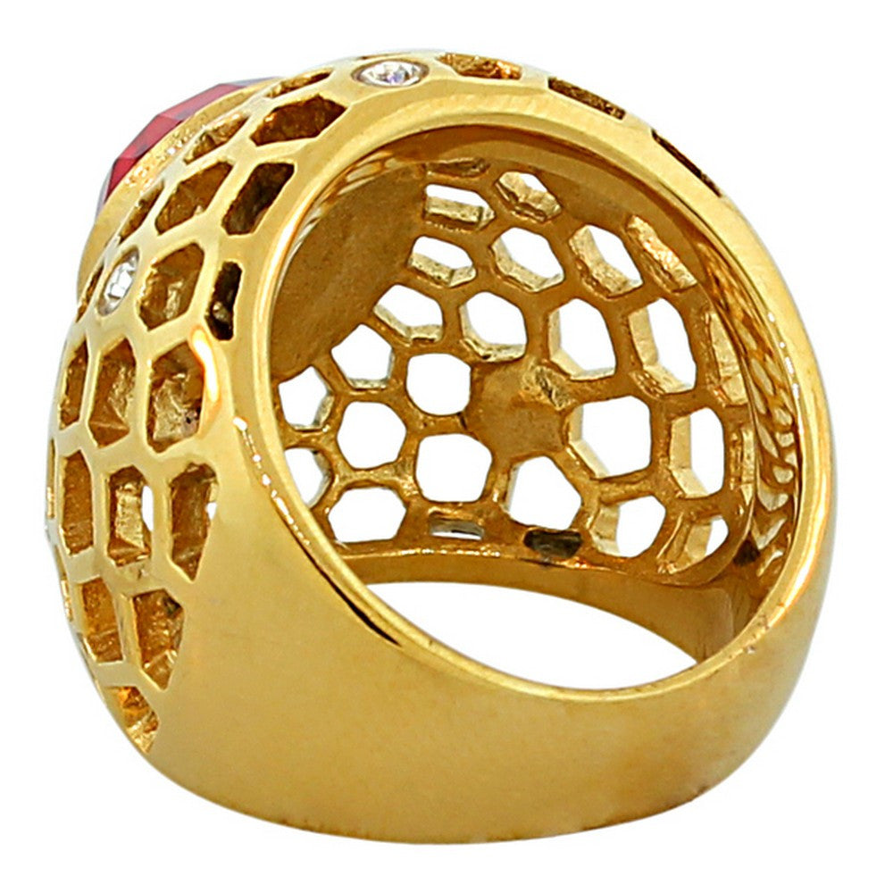TECNO STEEL Stainless Steel Yellow Gold-Tone Red Ruby CZ Cocktail Ring
