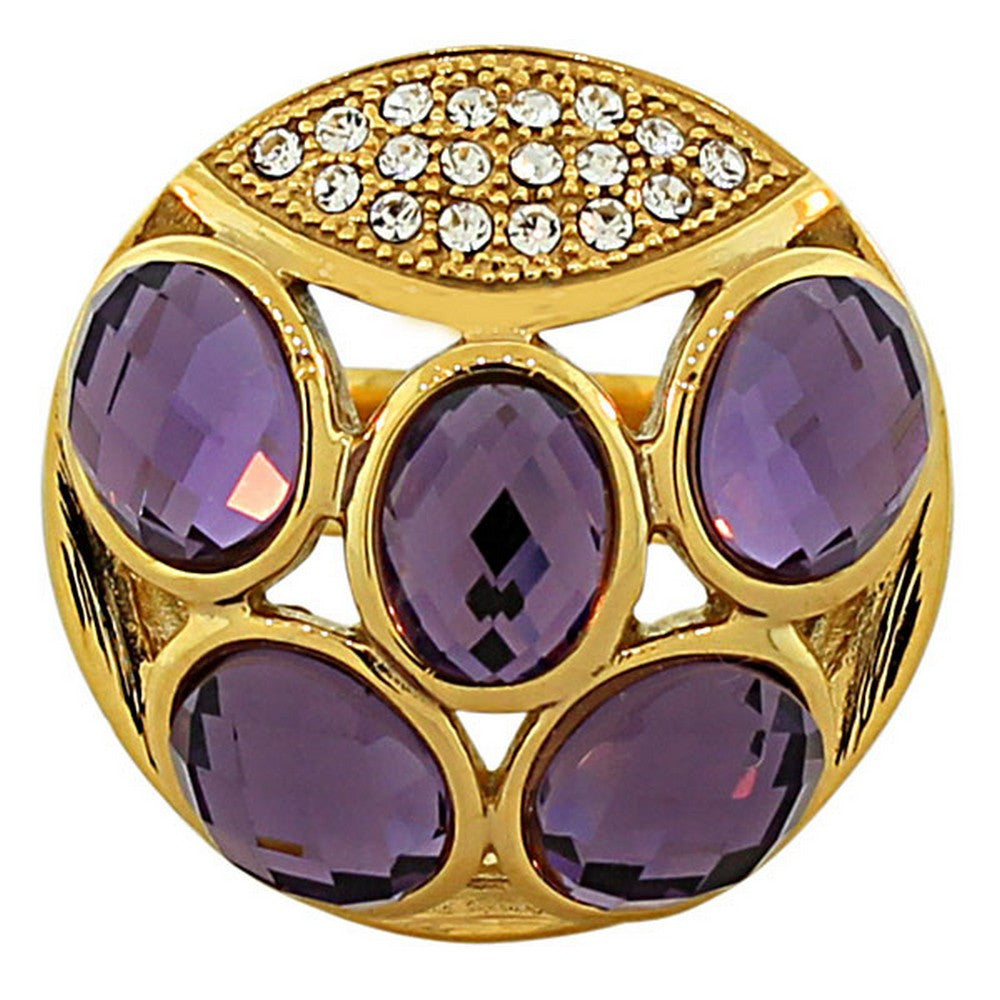 Stainless Steel Yellow Gold-Tone White Purple Amethyst-Tone CZ Ring