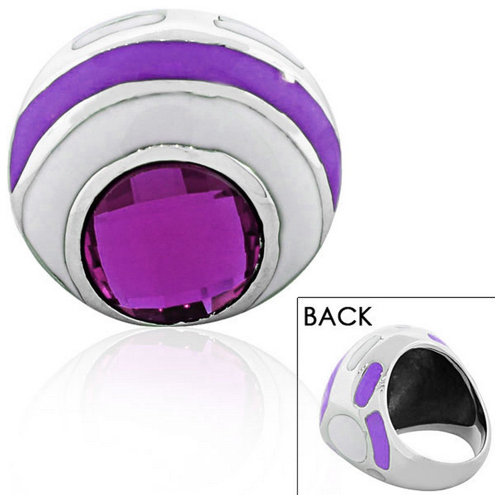 FERRARO Stainless Steel Silver-Tone Purple Amethyst-Tone CZ Large Cocktail Ring 