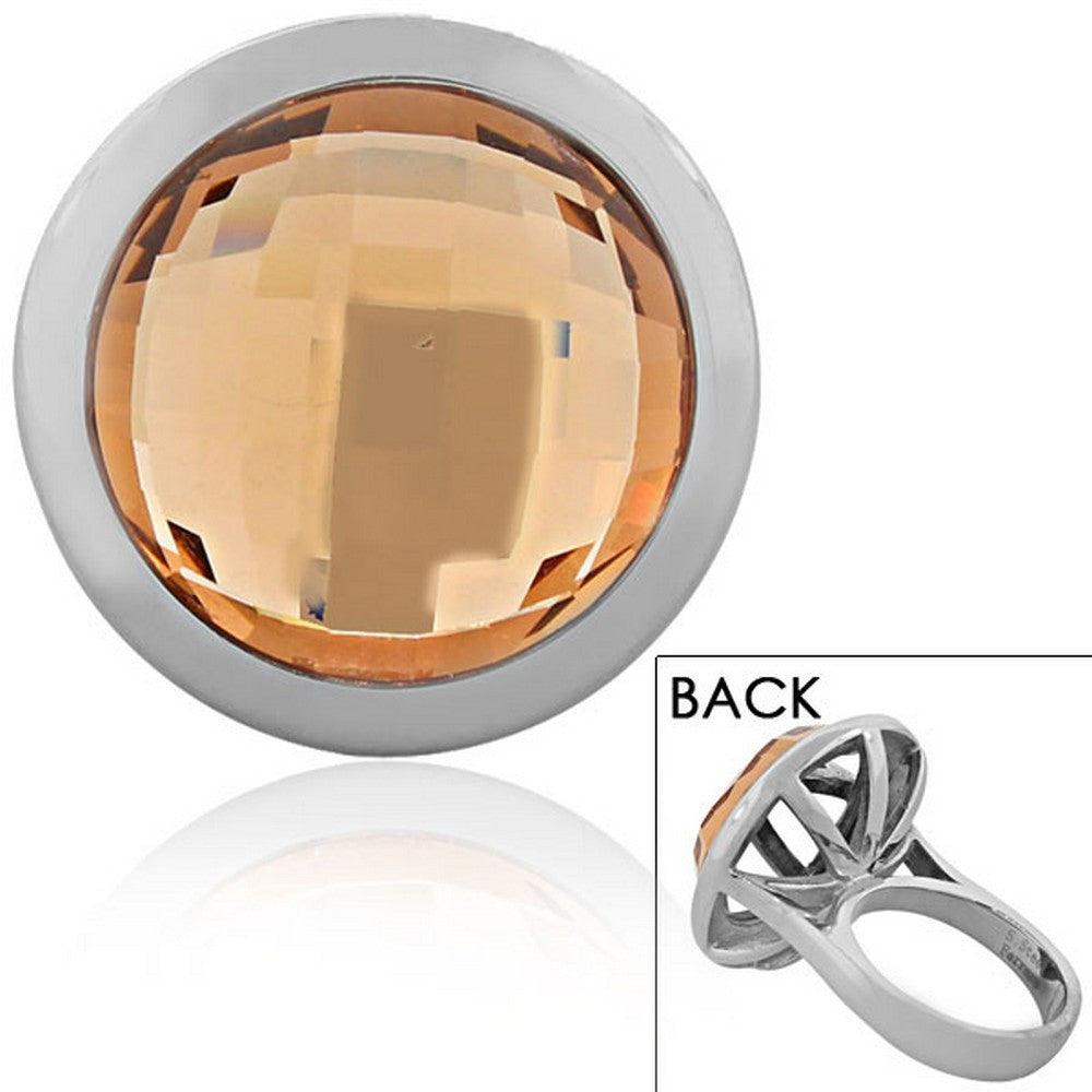 FERRARO Stainless Steel Silver-Tone Light Brown Solitaire CZ Large Statement Cocktail Ring