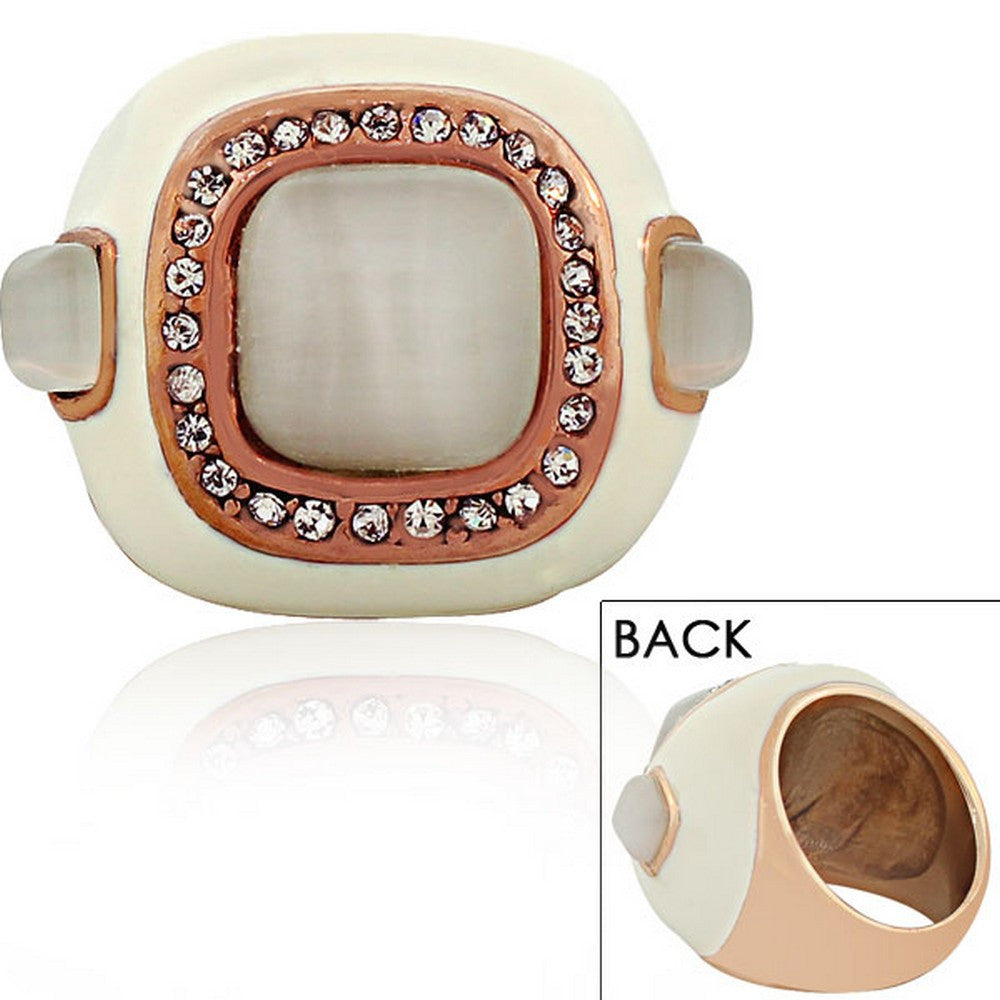 STEELTIME Stainless Steel Rose Gold-Tone White Enamel CZ Large Cocktail Ring 