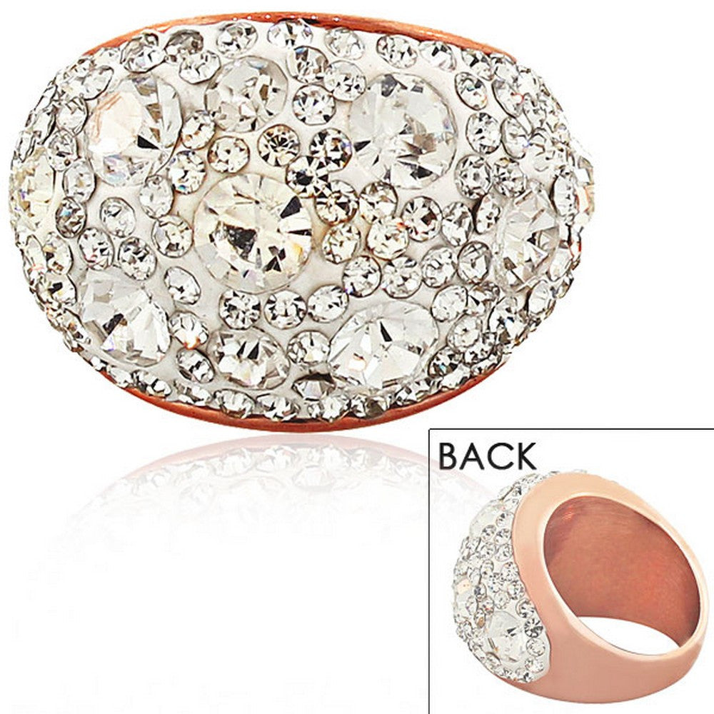 STEELTIME Stainless Steel Rose Gold-Tone White Clear CZ Large Statement Cocktail Ring