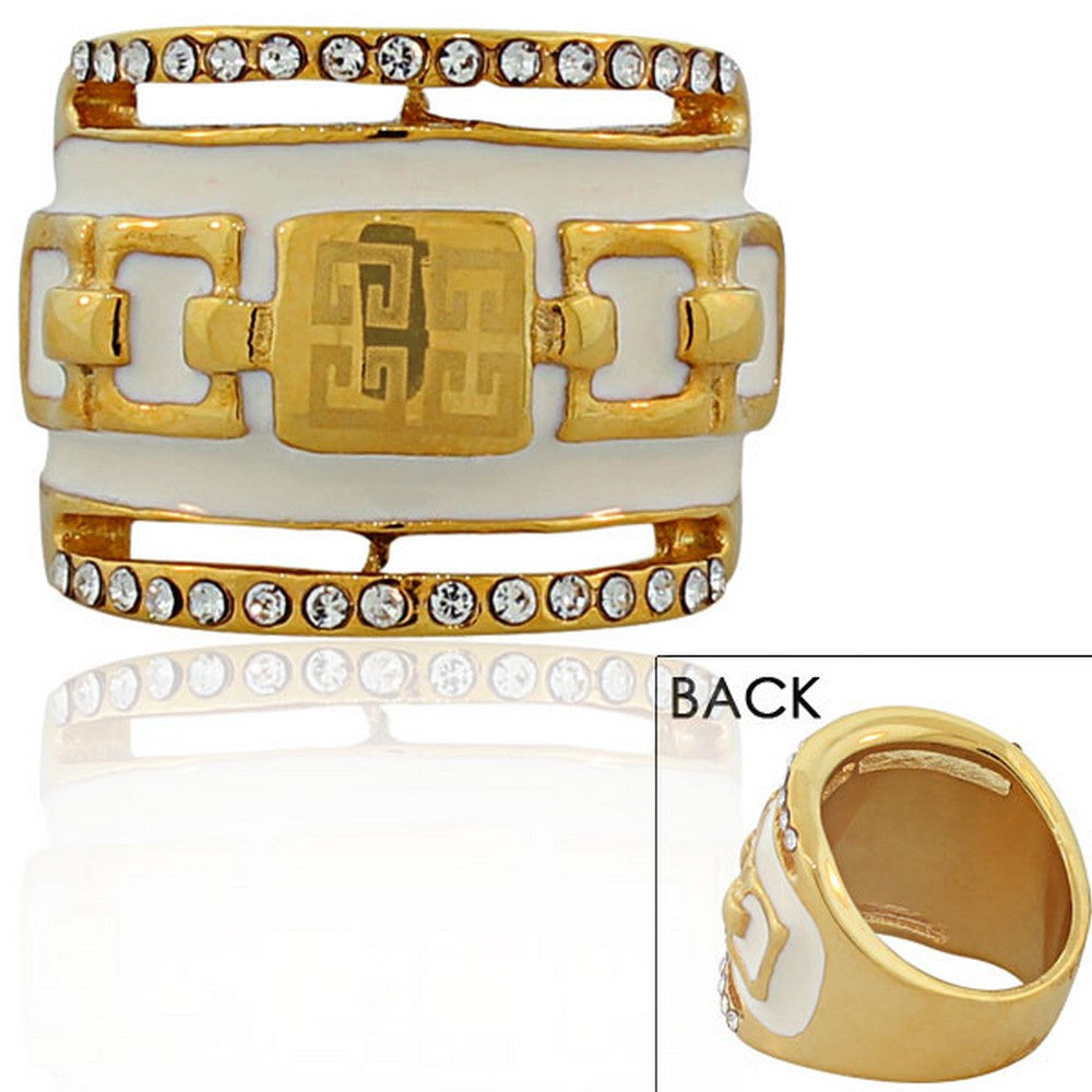 STEELTIME Stainless Steel Yellow Gold-Tone White CZ Greek Key Statement Ring