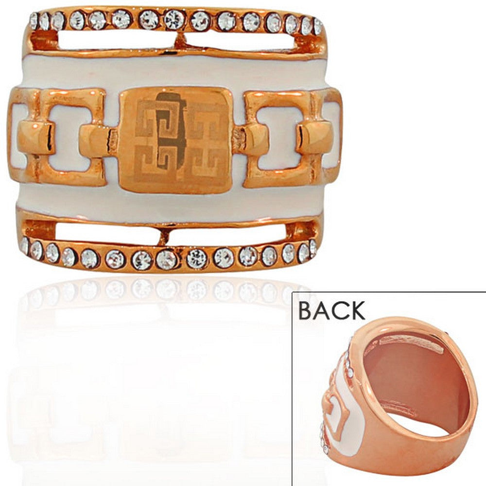STEELTIME Stainless Steel Rose Gold-Tone White CZ Greek Key Statement Ring