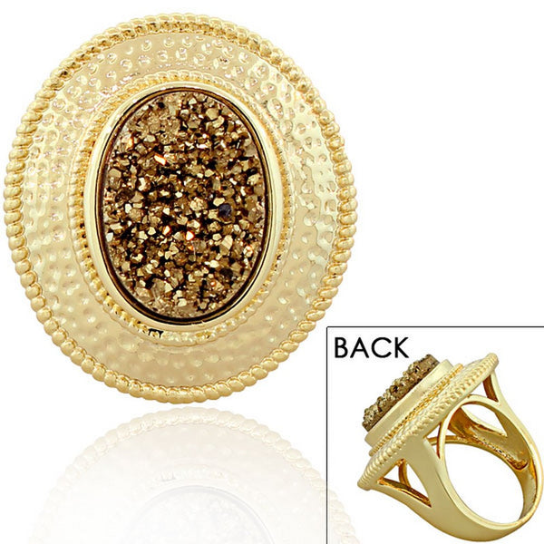 18K Yellow Gold Plated Bronze Brown Drusy Quartz Glitter Large Fashion Cocktail Ring 