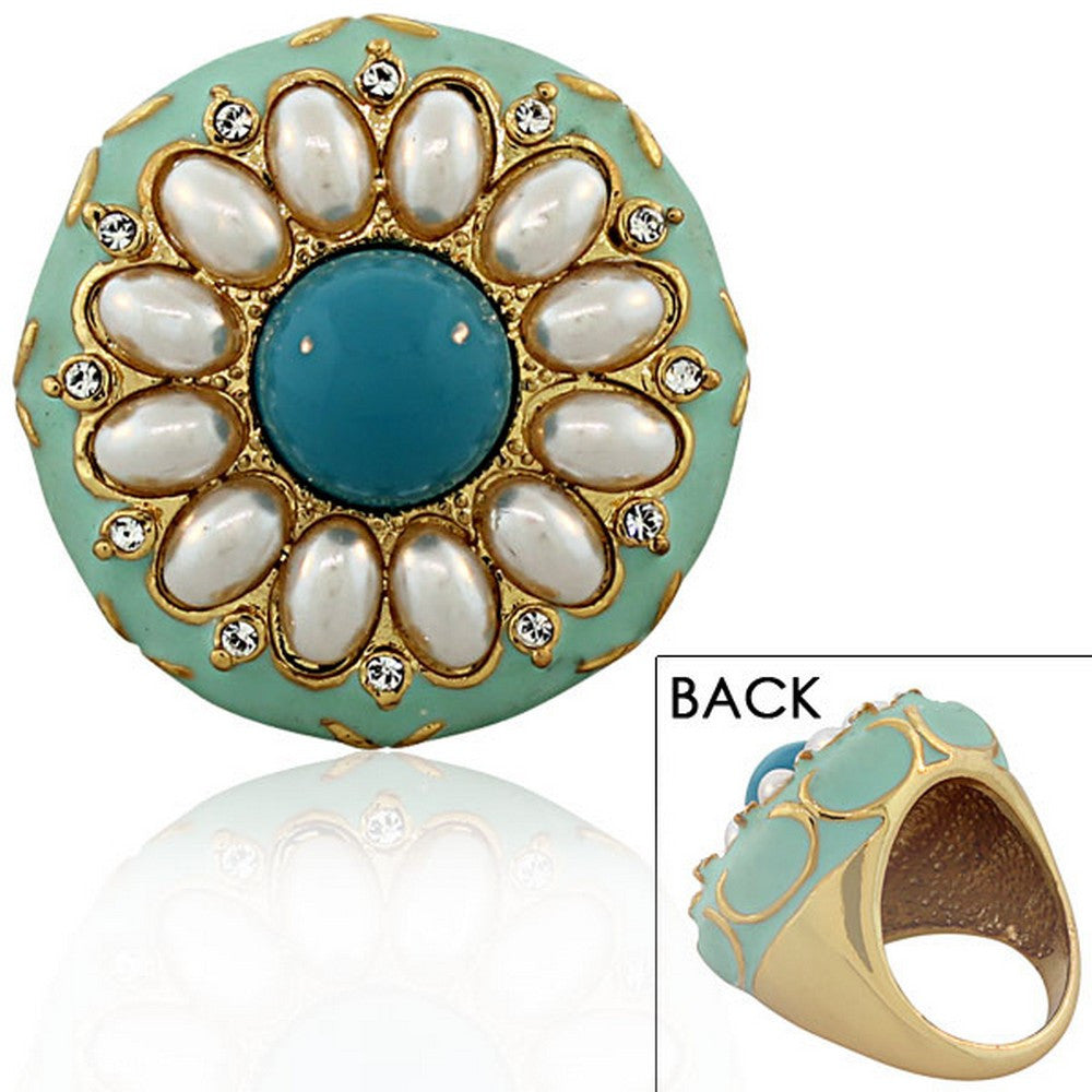 Fashion Alloy Yellow Gold-Tone Simulated Pearl Turquoise-Tone Enamel Cocktail Ring 