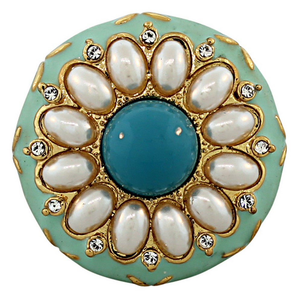 Fashion Alloy Yellow Gold-Tone Simulated Pearl Turquoise-Tone Enamel Cocktail Ring