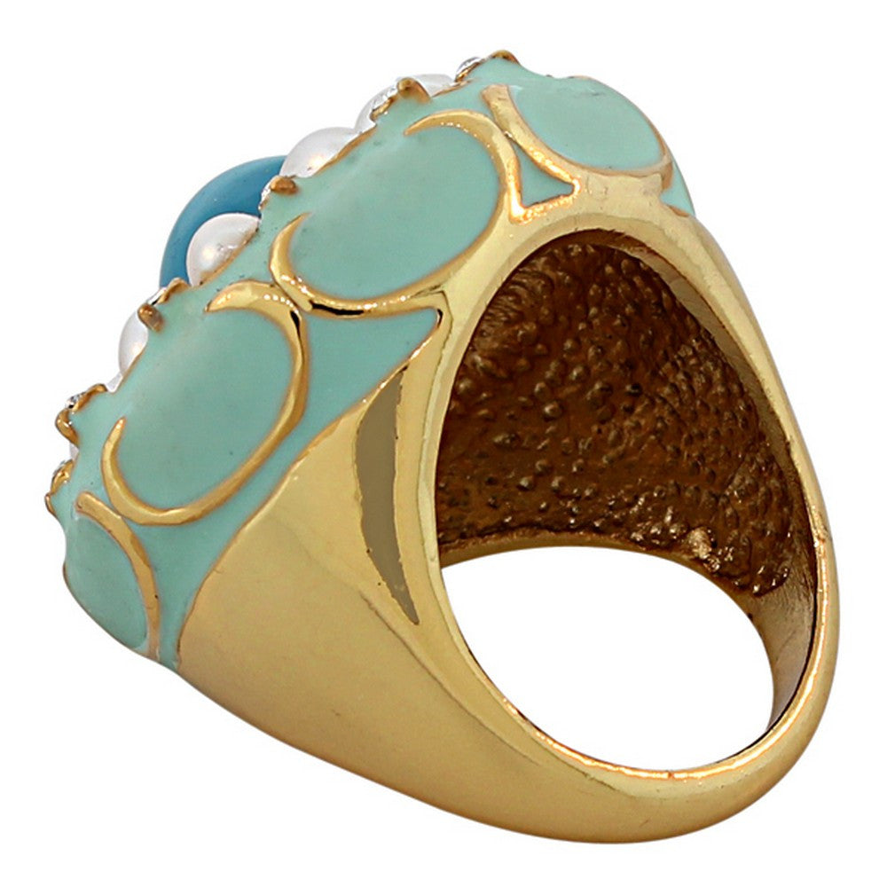 Fashion Alloy Yellow Gold-Tone Simulated Pearl Turquoise-Tone Enamel Cocktail Ring