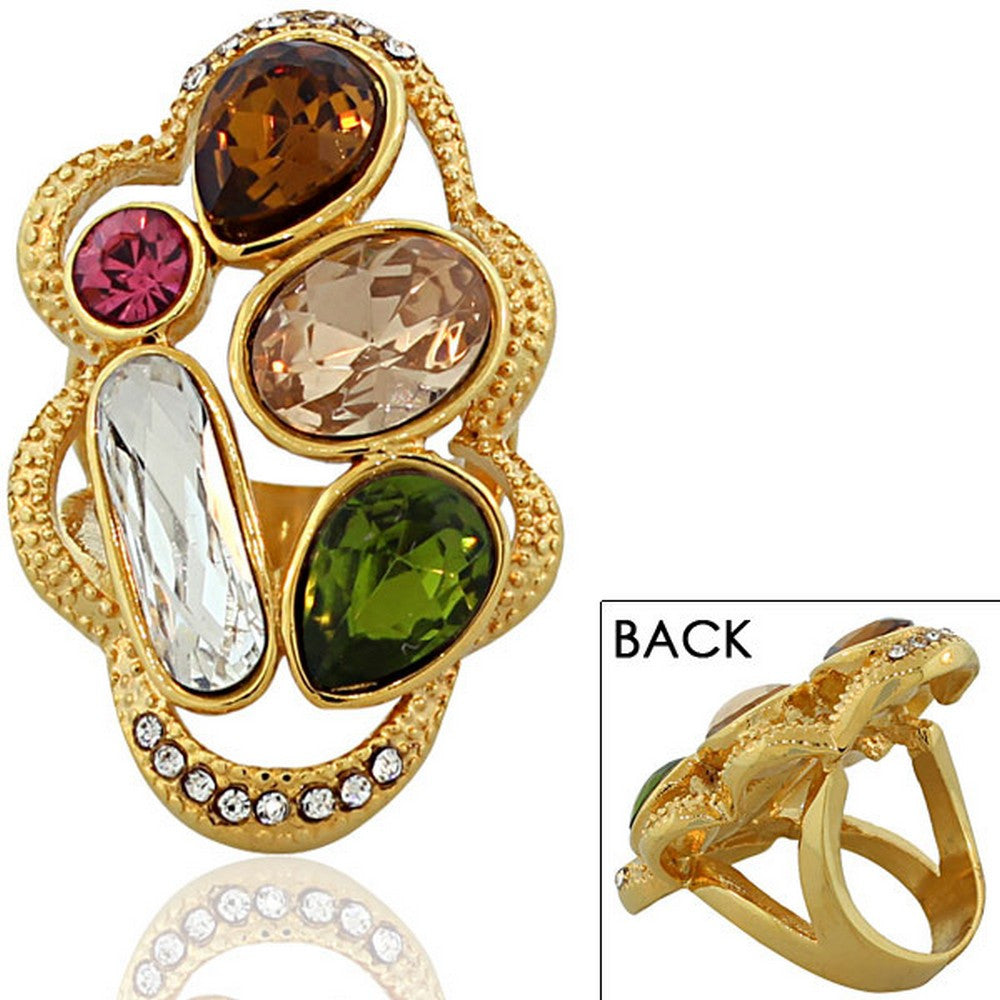 Fashion Alloy Yellow Gold-Tone Multicolor CZ Large Statement Cocktail Ring