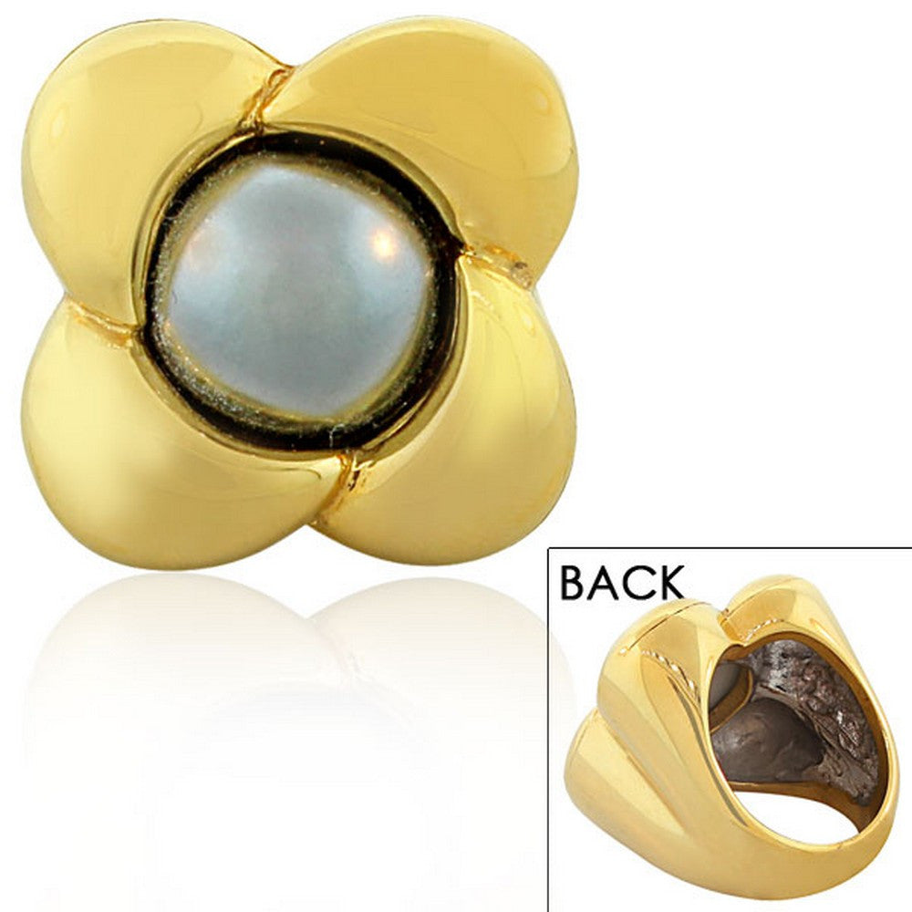 EDFORCE Stainless Steel Yellow Gold-Tone Black Simulated Pearl Flower Cocktail Ring 