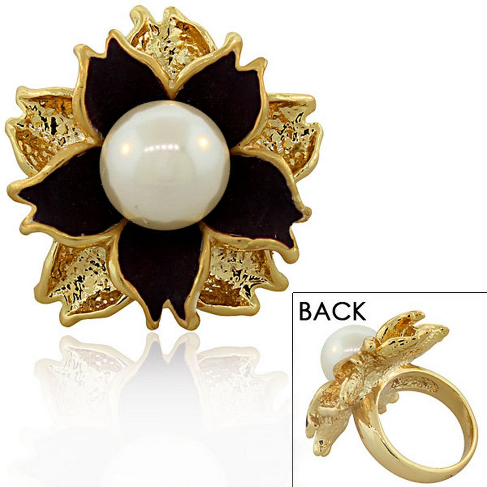 Fashion Alloy Yellow Gold-Tone White Simulated Pearl Purple Flower Cocktail Ring 