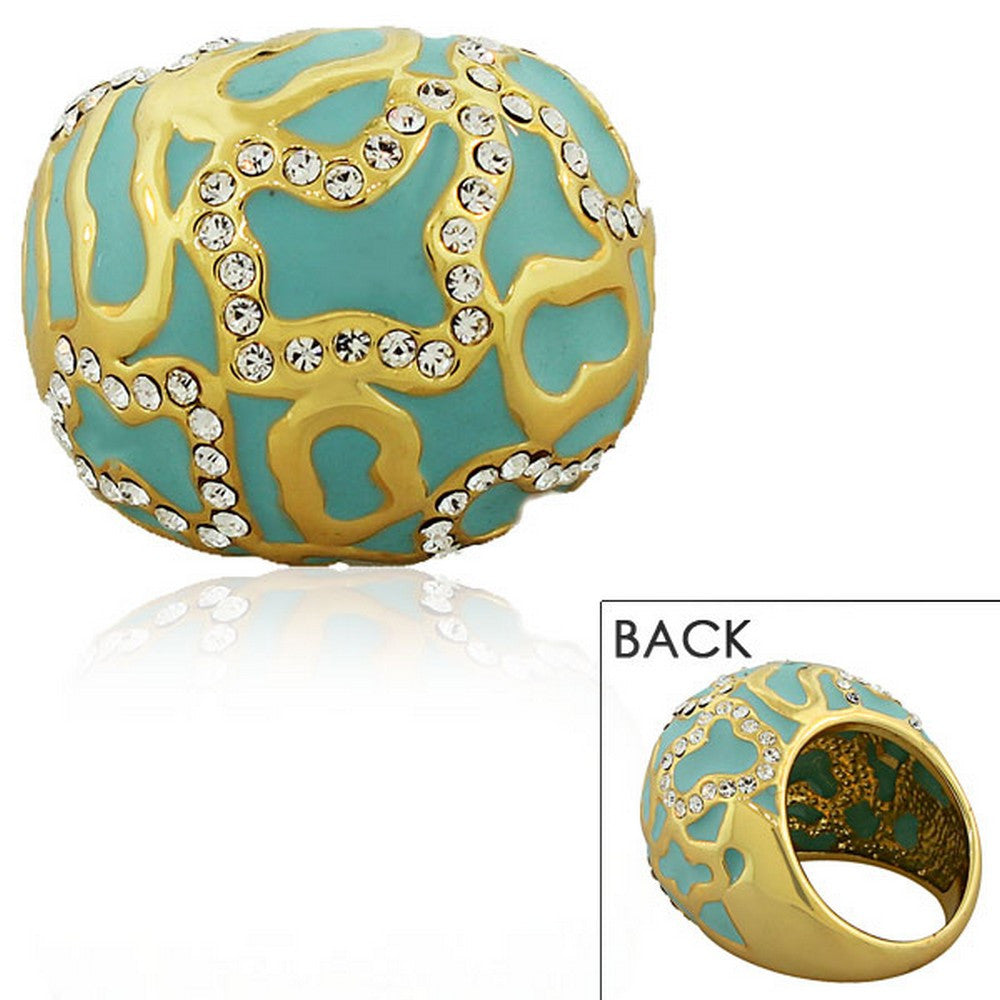 Fashion Alloy Yellow Gold-Tone Turquoise-Tone White CZ Statement Cocktail Ring 