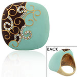 Fashion Alloy Yellow Gold-Tone Turquoise-Tone Brown White CZ Statement Cocktail Ring 