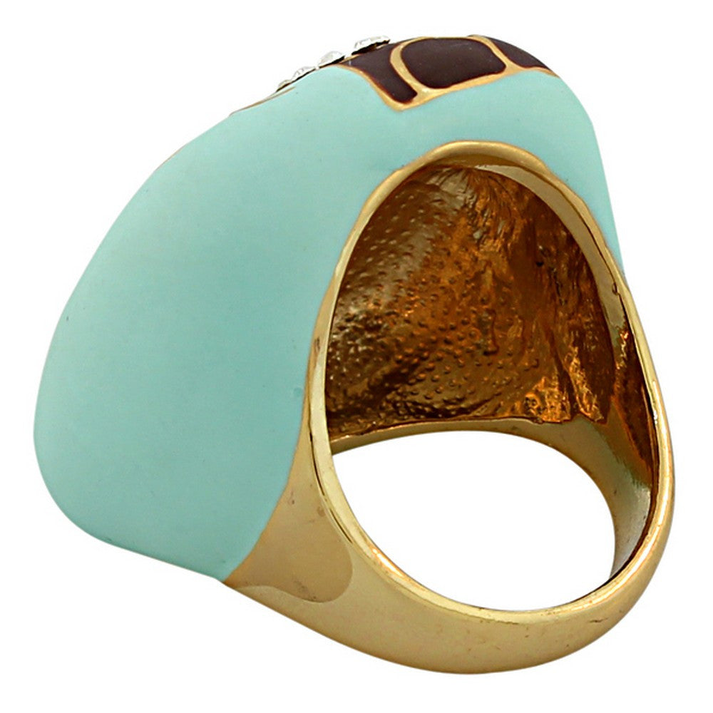 Fashion Alloy Yellow Gold-Tone Turquoise-Tone Brown White CZ Statement Cocktail Ring