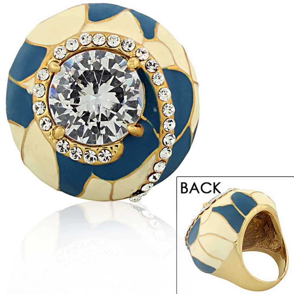 Fashion Alloy Yellow Gold-Tone Blue White CZ Large Statement Cocktail Ring 