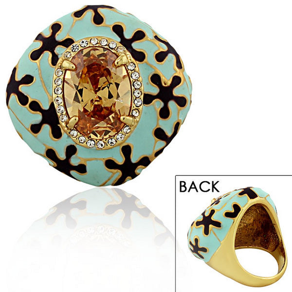 Fashion Alloy Yellow Gold-Tone Turquoise-Tone Brown CZ Large Statement Cocktail Ring 