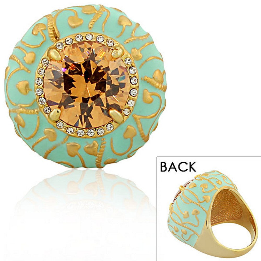 Fashion Alloy Yellow Gold-Tone Turquoise-Tone Brown CZ Large Statement Cocktail Ring 