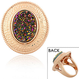 18K Rose Gold Plated Bronze Drusy Quartz Glitter Large Cocktail Statement Ring 