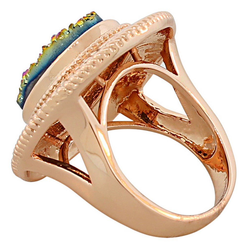 18K Rose Gold Plated Bronze Drusy Quartz Glitter Large Cocktail Statement Ring