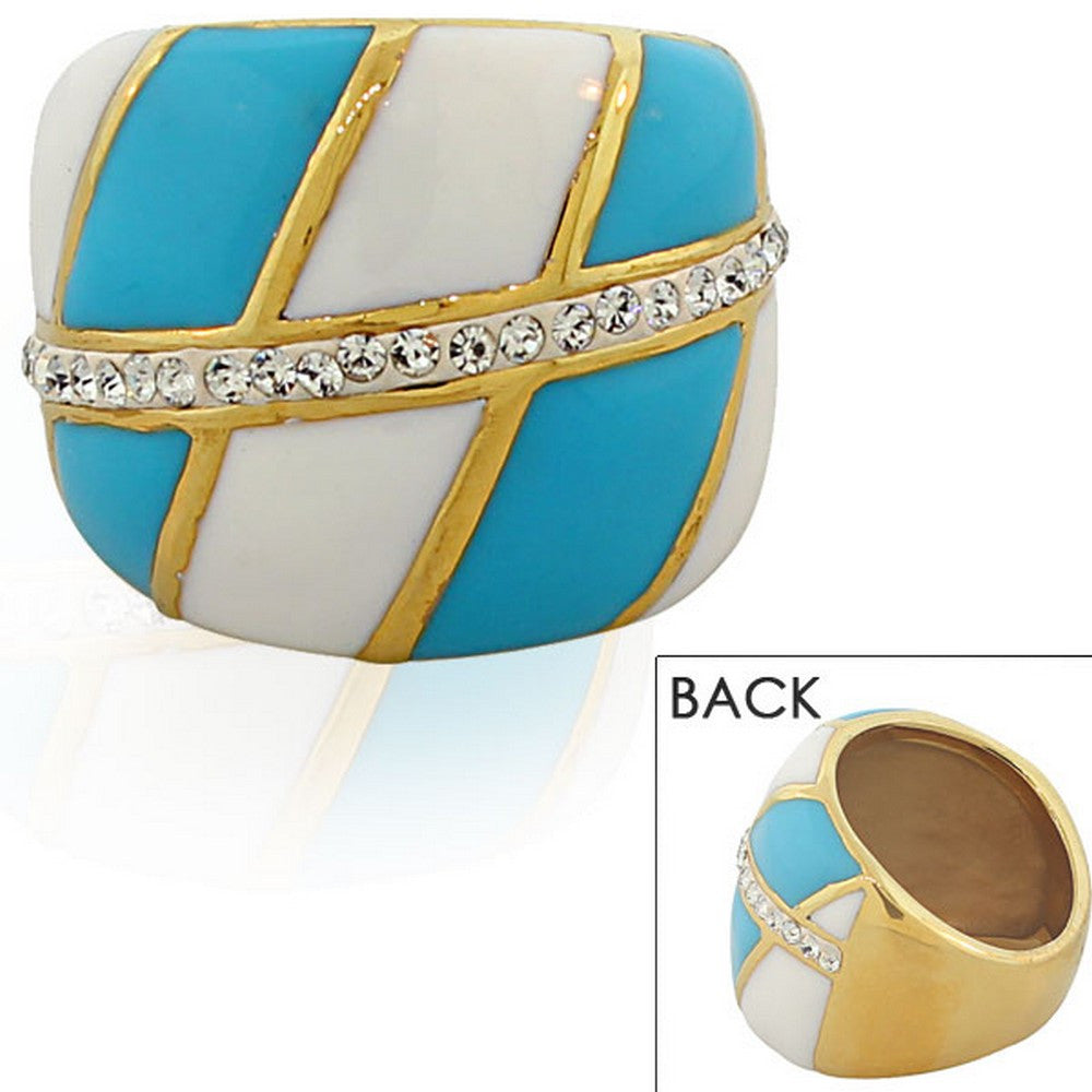 TECNO STEEL Stainless Steel Yellow Gold-Tone White Blue Enamel CZ Statement Ring 