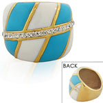 TECNO STEEL Stainless Steel Yellow Gold-Tone White Blue Enamel CZ Statement Ring 