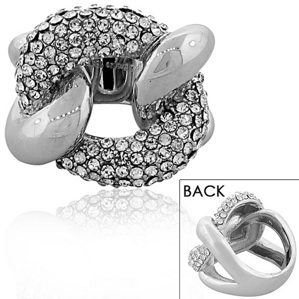 18K White Gold Plated Bronze Clear CZ Interlocked Statement Cocktail Ring