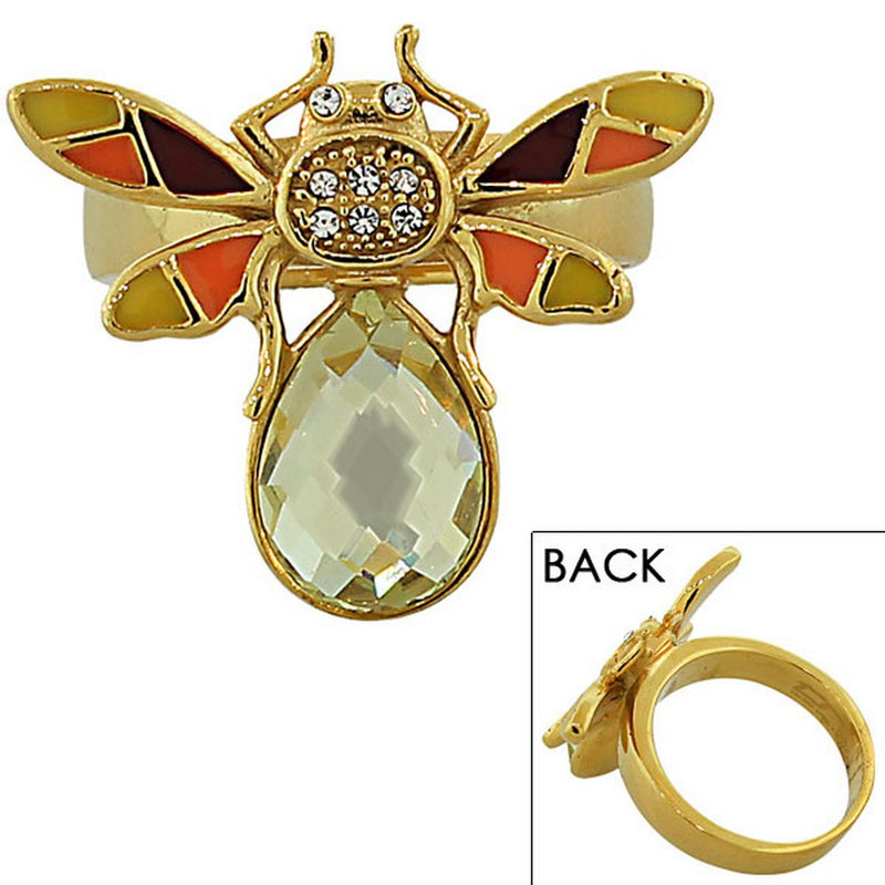Fashion Alloy Yellow Gold-Tone Brown Orange CZ Insect Fly Cocktail Ring