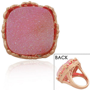 18K Rose Gold Plated Pink Drusy Quartz Glitter Large Cocktail Statement Ring 