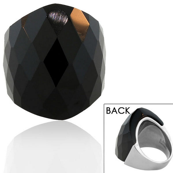 FERRARO Stainless Steel Silver-Tone Black Faceted Stone Cocktail Statement Ring 