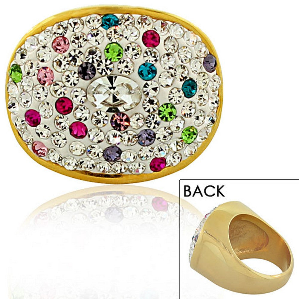 STEELTIME Stainless Steel Yellow Gold-Tone Multicolor CZ Cocktail Ring
