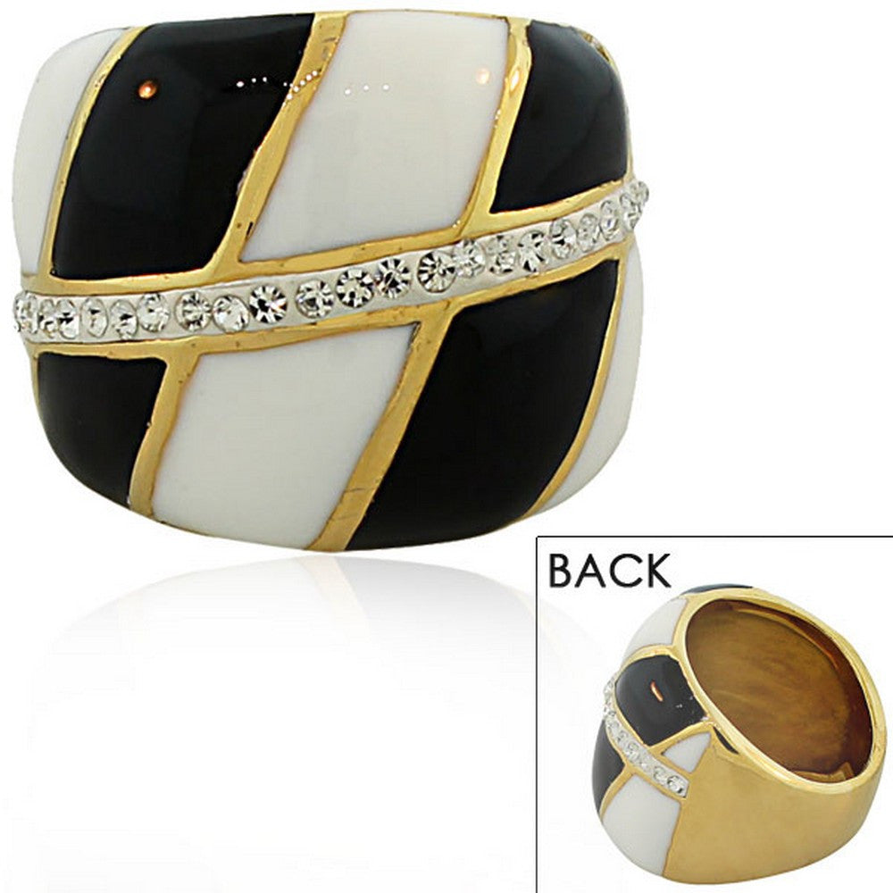 TECNO STEEL Stainless Steel Yellow Gold-Tone White Black Enamel Clear CZ Statement Ring 