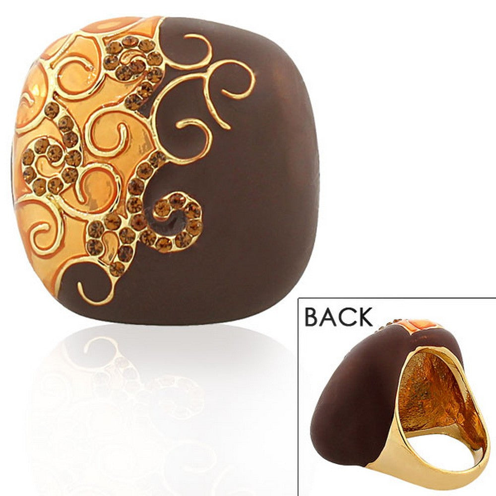 Fashion Alloy Yellow Gold-Tone Brown CZ Cushion-Shaped Statement Cocktail Ring